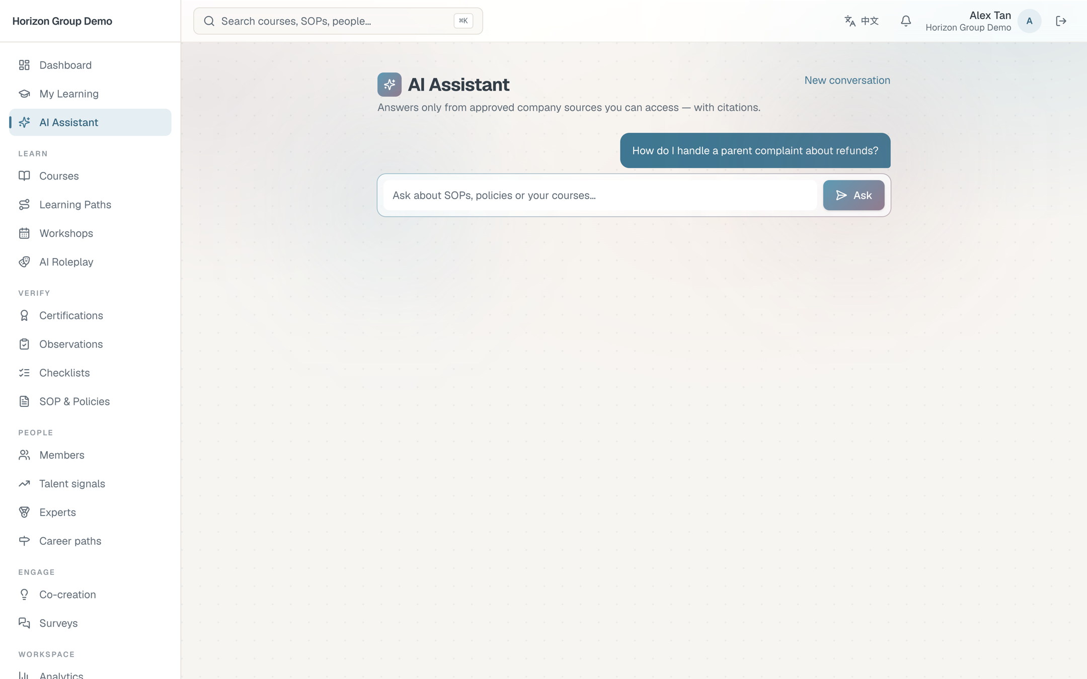 MagiLearn OS AI assistant answering a parent-refund question from the Parent Complaint SOP, with source citation
