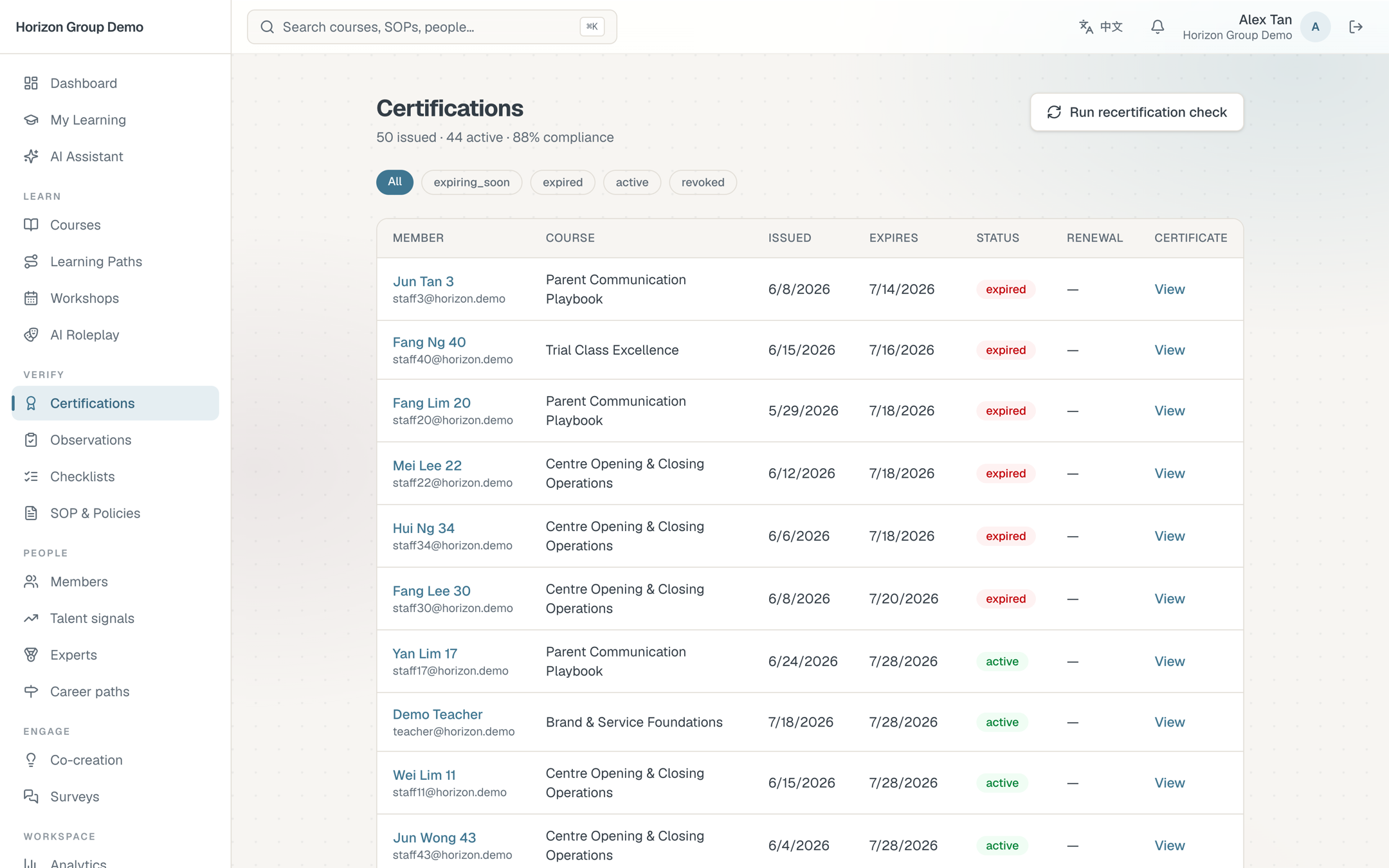 Certification register tracking equipment and safety credentials by expiry