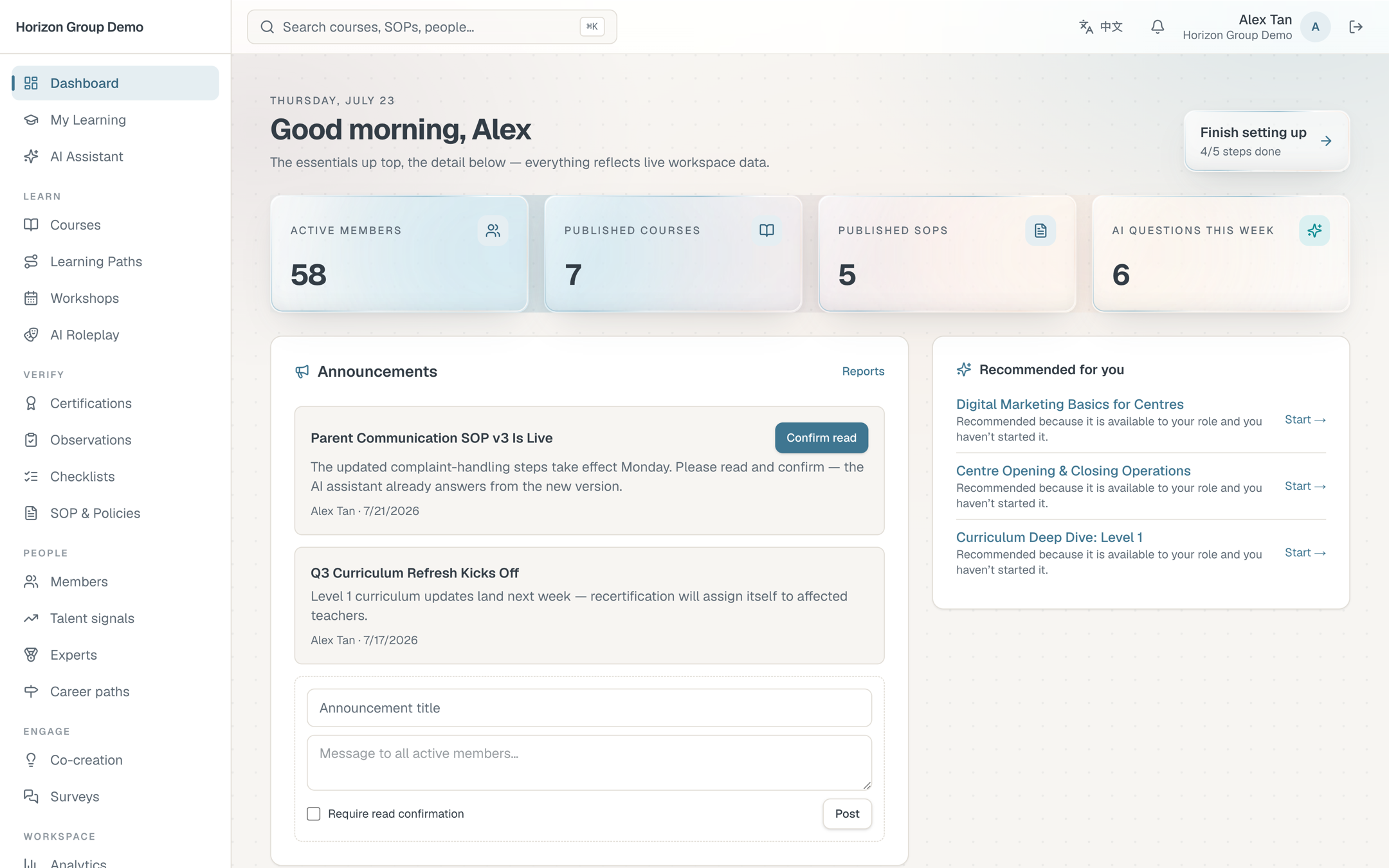 MagiLearn OS dashboard: live workspace numbers, announcements with read confirmation, assignments to grade